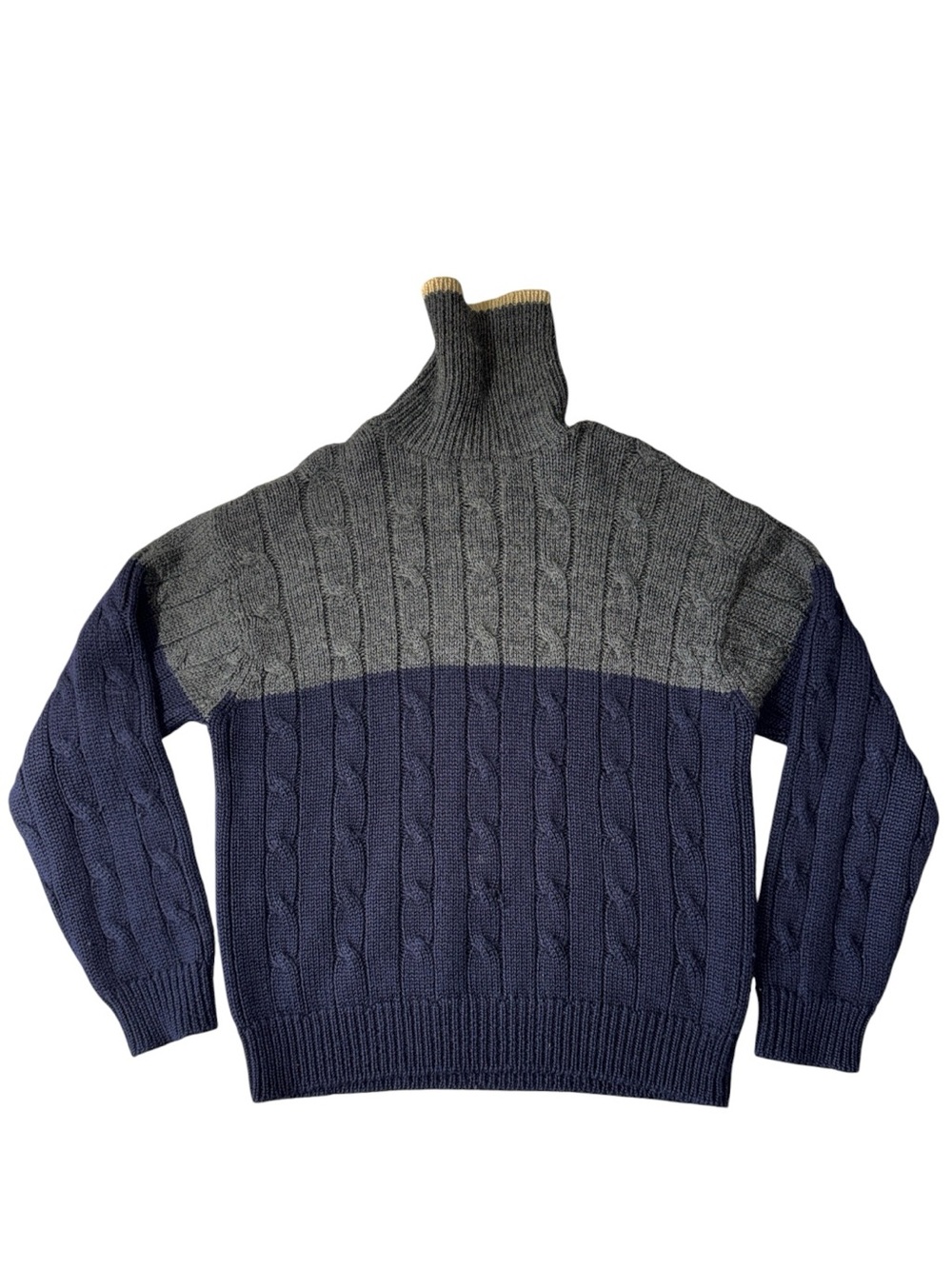 VINTAGE J. Crew L blue grey colorblock 100% wool turtleneck cable knit sweater